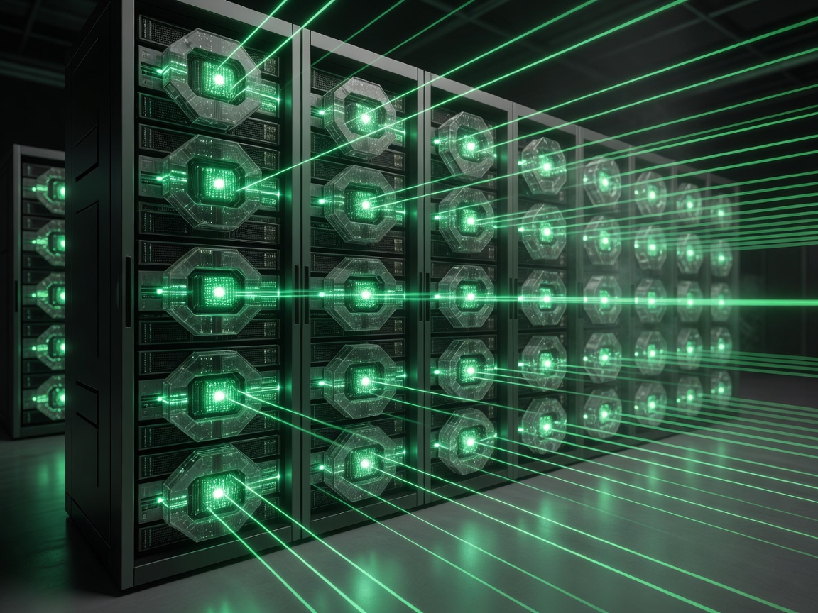 A glowing rack of futuristic servers emitting green light lasers