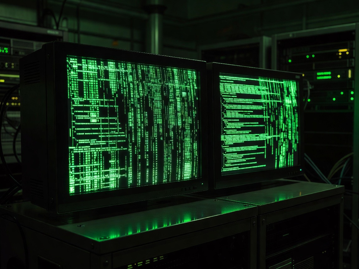 Dual terminal screens outputting cascades of neon-green coding sequences
