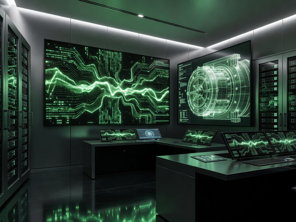 Sophisticated control room featuring premium green cybersecurity matrices