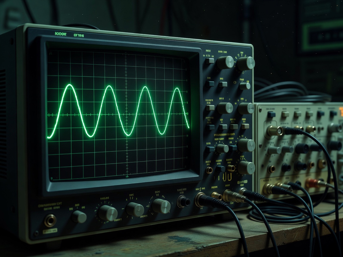 Oscilloscope measuring clean emerald hued high-frequency synthesizer waves